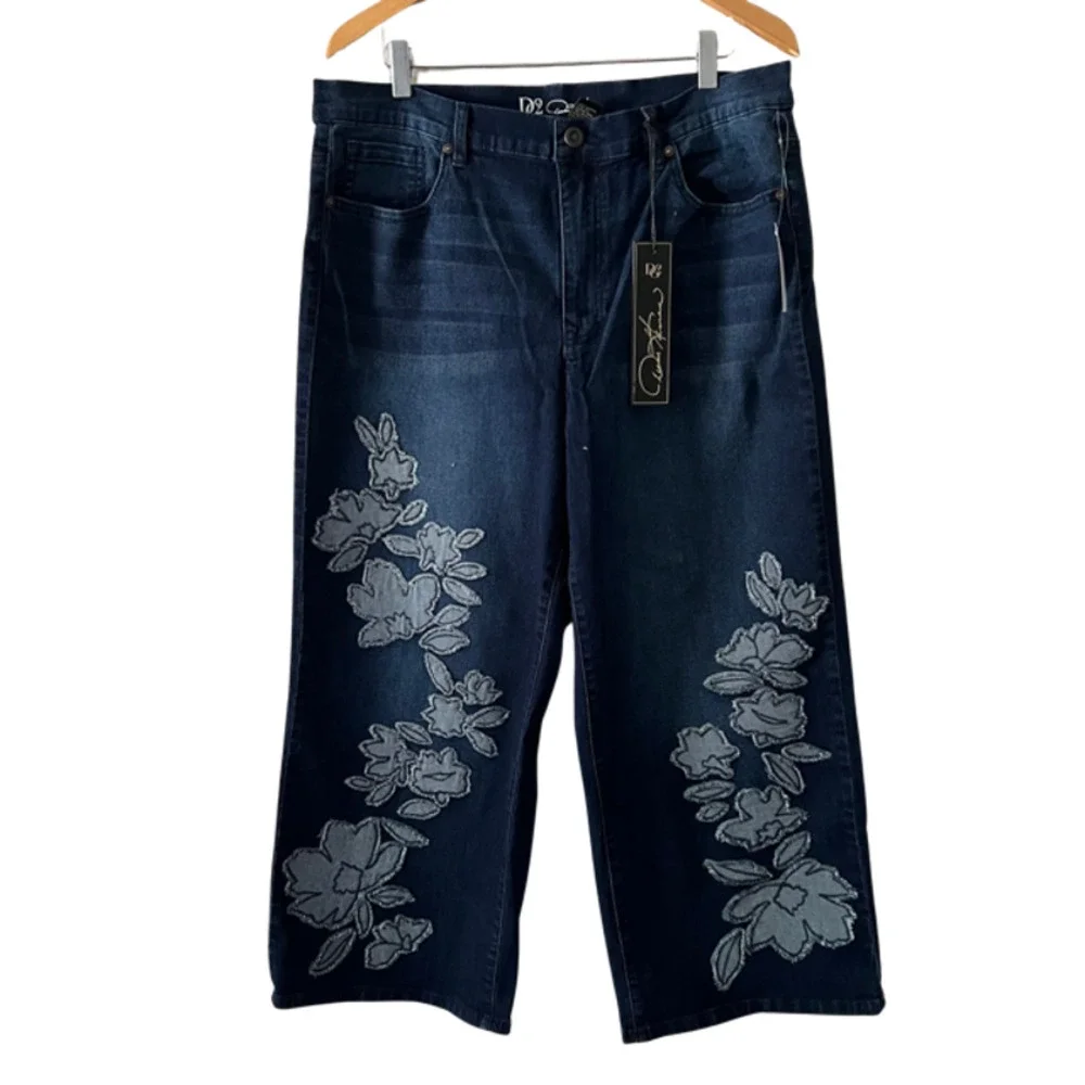 DG2 by Diane Gilman Wide Leg Crop Jeans Embroidered Frayed Hem Indigo - Picture 2 of 8